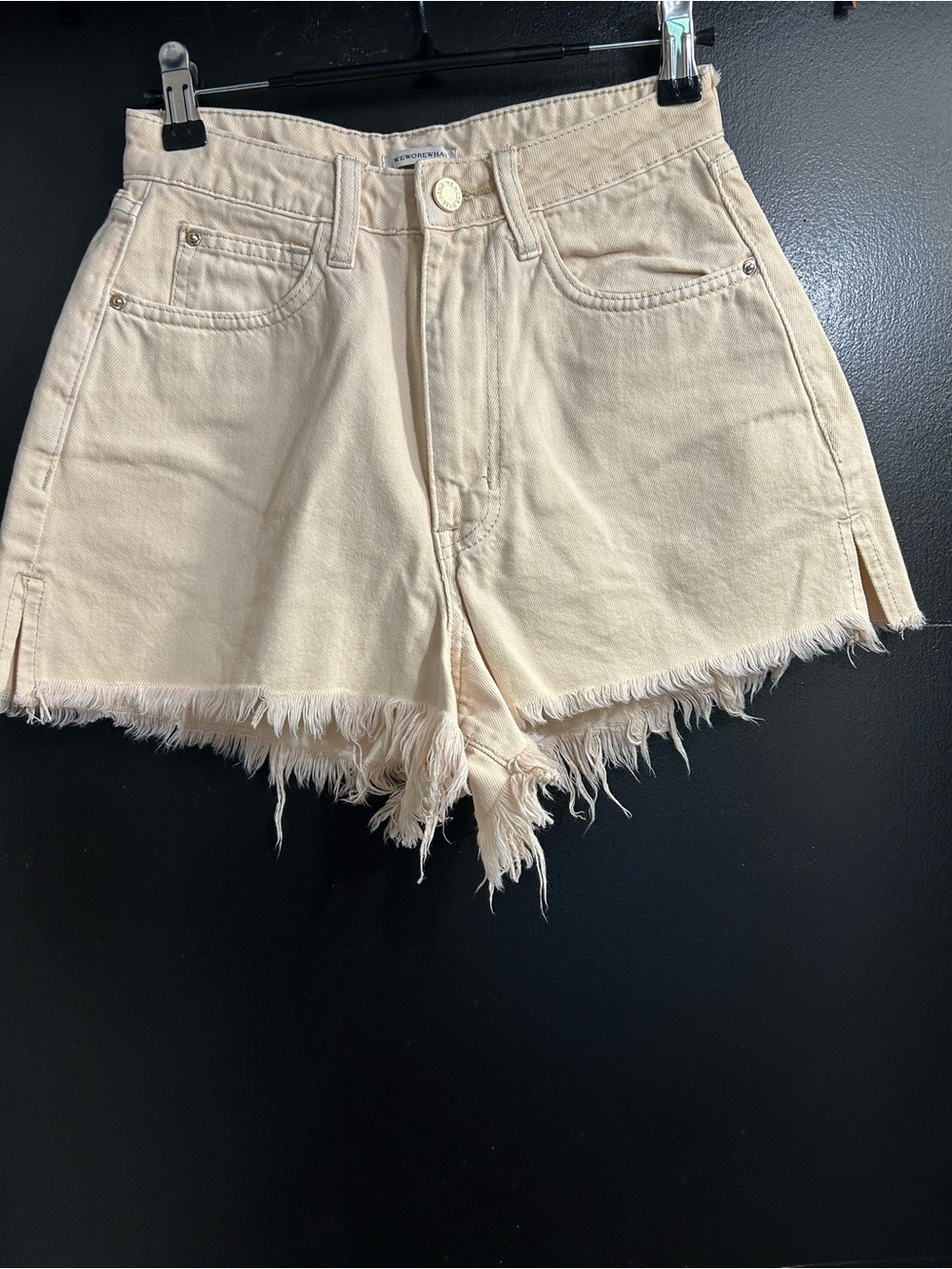 WeWoreWhat Cream High-Rise Frayed Denim Shorts